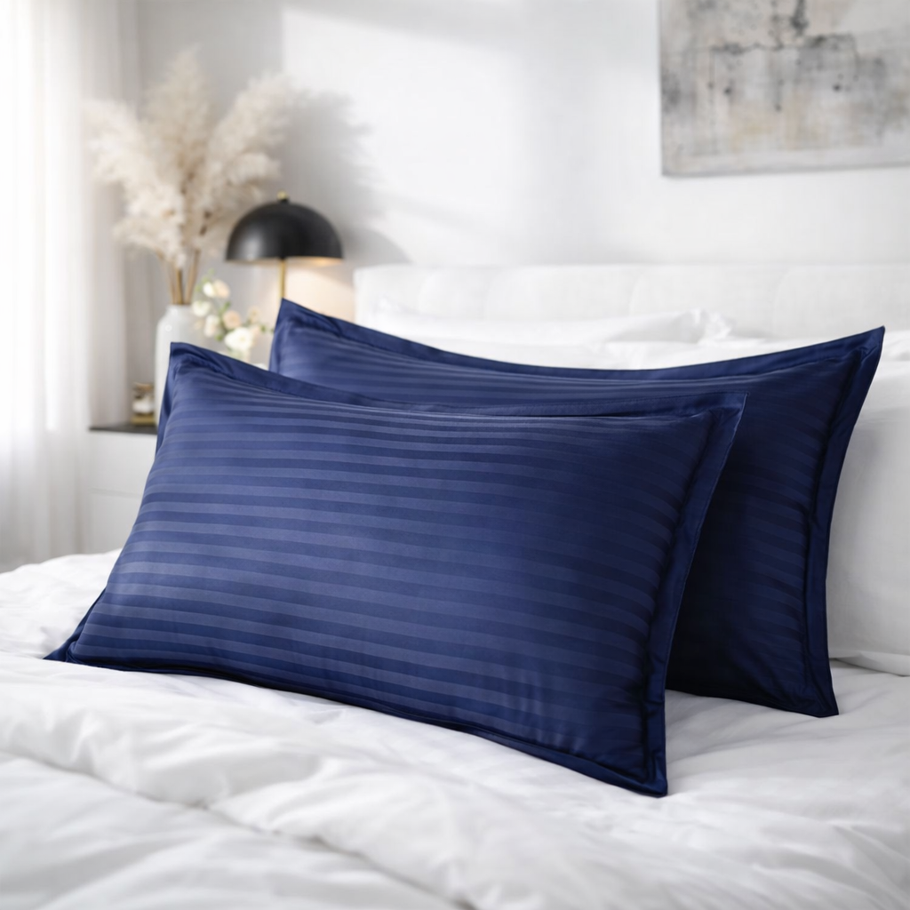 Elegant Weavers Oxford Stripe Pillow Cover Set of 2 (45x67 cm) Navy | Rectangular Microfiber Cushion Covers | Soft, Durable & Stylish Home Décor