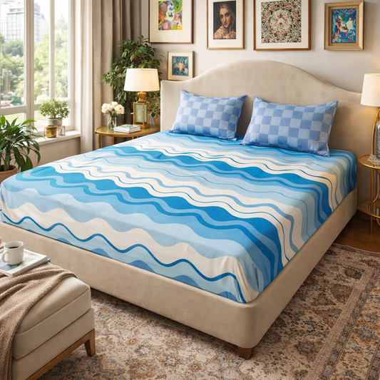 Elegant Weavers Arctic Double Bedsheet with 2 Pillow Covers (220x250 cm) | Microfiber Aqua Design Bedding Set | Soft, Durable & Easy Care
