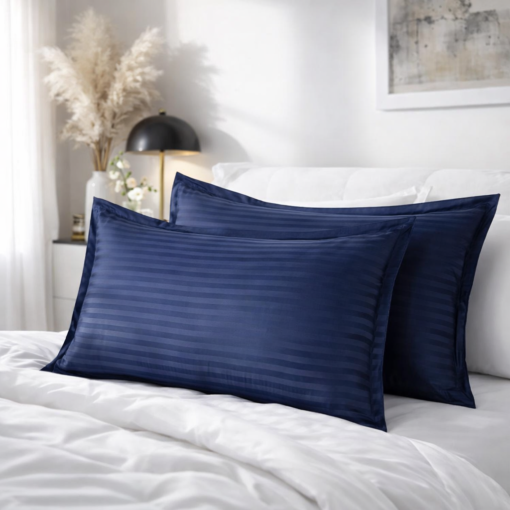 Elegant Weavers Oxford Stripe Pillow Cover Set of 2 (45x67 cm) Navy | Rectangular Microfiber Cushion Covers | Soft, Durable & Stylish Home Décor